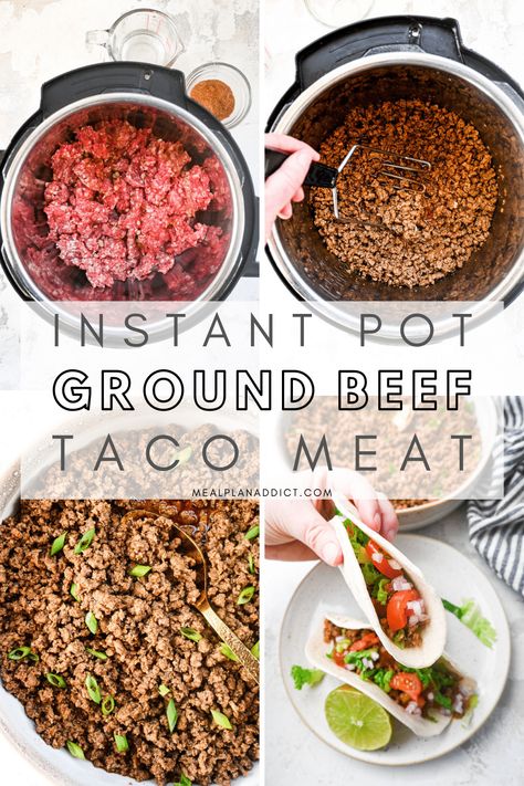 Use ground beef in your Instant Pot for easy weeknight Instant Pot Ground Beef Taco Meat! This easy hands off method is only 3 minutes under pressure, and has you that much closer to tacos in hand! Ground Beef Healthy, Ground Beef Taco Meat, Beef Taco Meat, Instant Pot Ground Beef, Ground Beef Taco, Beef Tacos Recipes, Instant Pot Pasta Recipe, Healthy Ground Beef, Electric Pressure Cooker Recipes