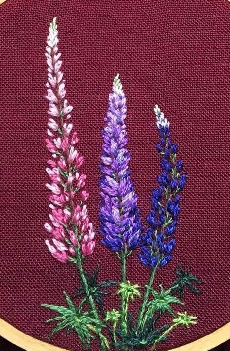 Lupin Embroidery, Hand Embriodary, Lupine Embroidery, Embroidery Lupins, Gladiolus Embroidery, Fireweed Embroidery, Larkspur Flower Embroidery, Embroidered Fireweed, Snapdragon Embroidery