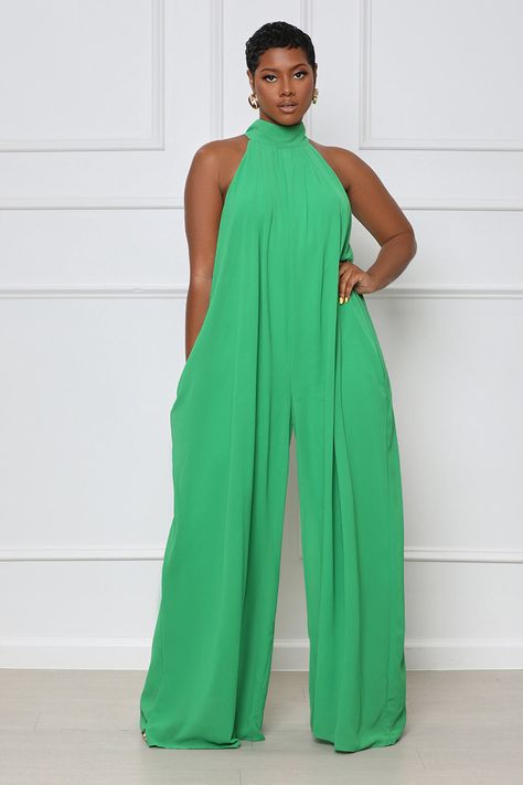 High Neck Wide Leg Jumpsuit (Green) - Lilly's Kloset Halter Neck Jumpsuit Outfit, Teal Jumpsuit, Halter Neck Jumpsuit, Jumpsuit Outfit, Green Jumpsuit, Classy Casual Outfits, Online Clothing Store, Backless Design, Classy Casual