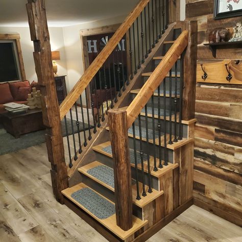 Amazing Railings Post Beam House, Rod Iron Railing, Lodge Style Home, Loft Railing, Rustic Stairs, Hand Hewn Beams, Stair Rail, Custom Light Fixtures, Stairs Ideas