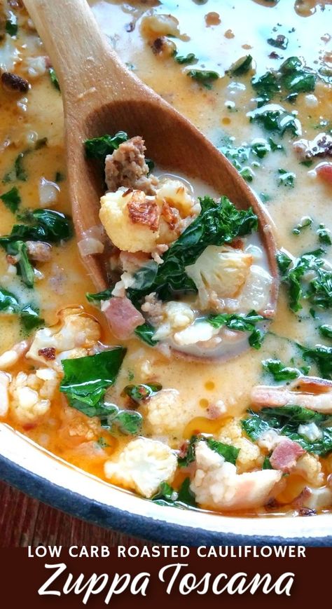 A copycat recipe for Olive Garden's Zuppa Toscana soup made low carb with roasted cauliflower instead of potatoes for maximum flavor and incredible texture! Zupa Toscana, Zuppa Tuscana Soup, Cauliflower Keto, Zuppa Soup, Low Carb Potatoes, Olive Garden Zuppa Toscana, Best Easy Dinner Recipes, Zuppa Toscana Soup, Toscana Soup