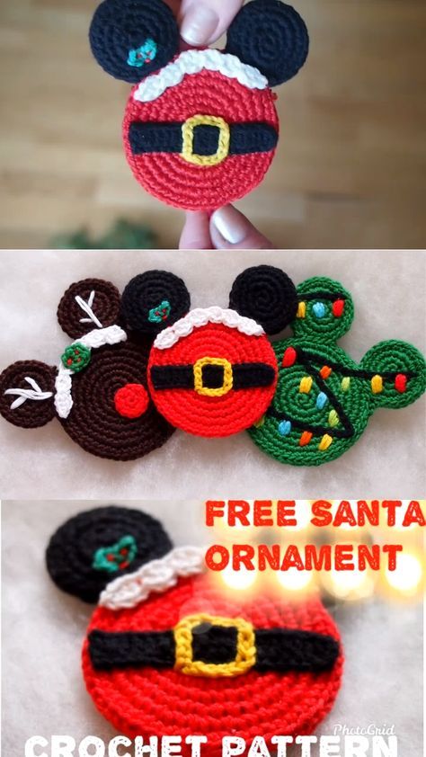 Santa Mouse, Crochet Christmas Ornaments Free, Disney Christmas Decorations, Crochet Santa, Confection Au Crochet, Crochet Xmas, Crochet Disney, Crochet Christmas Decorations, Crochet Ornaments