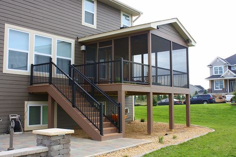 Covered Deck Designs Porch Addition, Lookout Basement Deck, Deck Over Basement Window, 3 Season Deck Ideas, Split Level Deck Ideas, Screened In Porch And Deck, Screened Deck, Deck Remodel, Screened Porch Designs