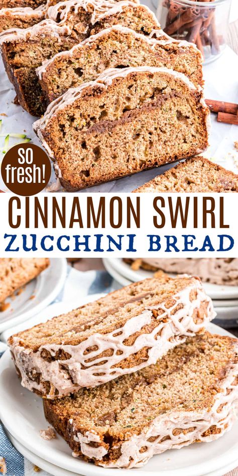 Cinnamon Swirl Zucchini Bread combines the moist texture of zucchini bread with a crumbly cinnamon coffee cake. It’s easy to mix in just a few minutes, then it’s topped off with a spiced glaze for a heavenly treat! Zucchini Bread Recipe, Cinnamon Zucchini Bread, Zucchini Desserts, Easy Zucchini Bread Recipes, Chocolate Cheesecake Bites, Moist Zucchini Bread, Zucchini Recipes Dessert, Savory Bread Recipe, Baking Bread Recipes