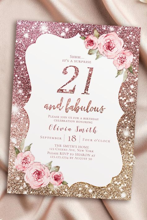 Sparkle rose gold glitter and floral 21st birthday invitation Floral Birthday Invitations, 21st Birthday Invitations, 45th Birthday, Four O Clock, Floral Birthday, Rose Gold Glitter, Sparkles Glitter, 21st Birthday, Birthday Celebration