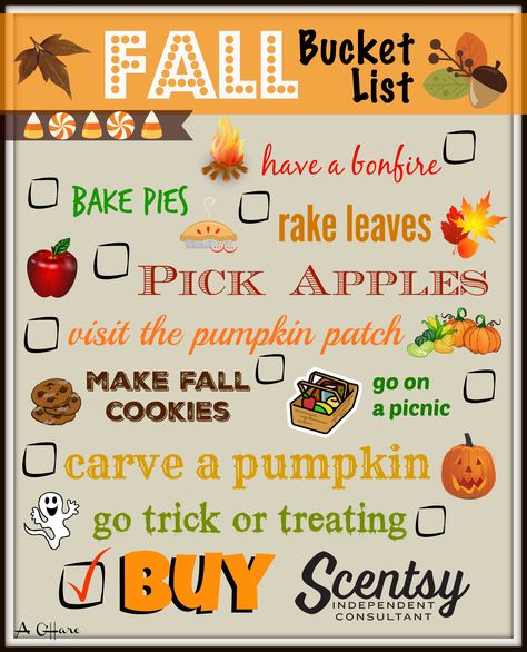 Fall Bucket List: Order your SCENTSY today at www.smellarific.com. Flyer by… Scentsy Facebook Party, Scentsy Marketing, Scentsy Fall, Outside Fall Decor, Selling Scentsy, Scentsy Consultant Ideas, Scented Wax Warmer, Scentsy Business, Scentsy Party