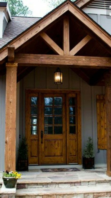 Log Cabin Front Door, Cabin Front Door, Craftsman Front Door, Front Door Overhang, Entry Door Colors, Front Door Awning, Door Overhang, Best Front Doors, House Front Porch