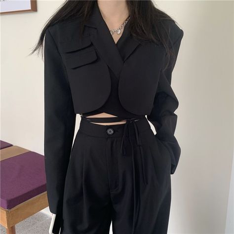 Bambu Long-Sleeve Cropped Blazer / Straight-Cut Dress Pants | YesStyle Suit Crop Top, Straight Cut Dress, Wide Leg Pants Outfit, Woman Pants, Spring Trends Outfits, Leg Pants Outfit, Crop Blazer, Elegante Casual, Autumn Clothes