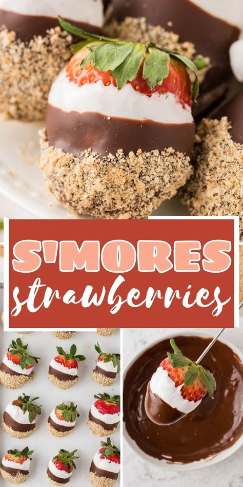 Get all the gooey goodness of classic s'mores with these chocolate dipped S'mores Strawberries. Juicy red strawberries get dipped in melted marshmallows, melted milk chocolate, and then finished off with a graham cracker crumble. S’more Chocolate Covered Strawberries, Strawberries And Marshmallows, S’mores Strawberries, S’mores Chocolate Covered Strawberries, Chocolate Covered Strawberries Toppings, Dipped Strawberries Ideas, Smores Strawberries, Strawberry Dessert Table, Strawberry And Marshmallow