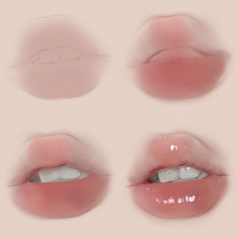 Soft Lips Drawing, How To Color Lips Digital, How To Render Lips, How To Color Digital, Lips Digital Art, Storybook Cosmetics, Lips Painting, Bangs Short Hair, Digital Art Beginner