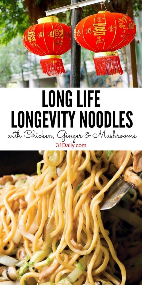 Long Life Noodles, Longevity Noodles, Noodles With Chicken, 31 Daily, Chicken And Mushrooms, Chinese New Year Food, Saffron Threads, Chicken And Cabbage, New Year's Food