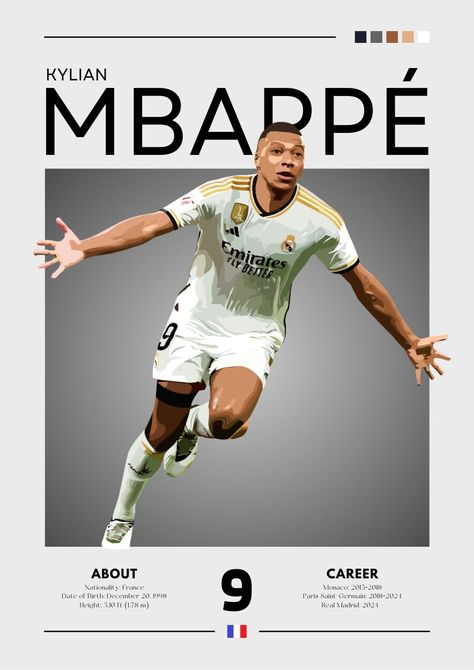 Kylian Mbappé wearing the number 9 of the world's best club, Real Madrid, adorns this graphic poster with both his hands at his sides and running. The poster captures the essence of Mbappé's footballing art and his unparalleled talent. We look forward to seeing his extraordinary performances and goal-scoring moments at Real Madrid. This poster is a tribute to one of the sport's most exciting players and his new chapter in the world of football. Poster is without frame. Attention please! Our 230 Kylian Mbappe Real Madrid, Mbappe Real Madrid, Real Madrid Photos, Poster Football, Cristiano Ronaldo Lionel Messi, Paris Poster, Soccer Poster, Mens Casual Outfits Summer, Kylian Mbappe