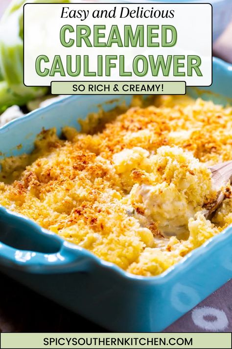 Creamed Cauliflower is a wonderfully creamy and cheesy side dish with a Parmesan/bread crumb topping. So rich and delicious! Creamed Cauliflower, Bread Crumb Topping, Parmesan Bread, Vegetarian Casserole, Steamed Cauliflower, Cheesy Cauliflower, Cauliflower Casserole, Southern Kitchen, Made For Each Other