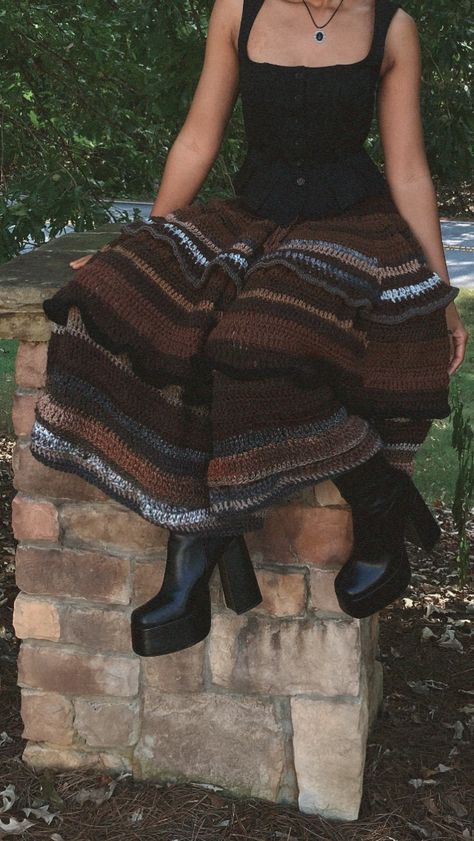 Crochet Skirt Long, Maxi Skirt Pattern, Crochet Store, Crochet Organizer, Crochet Maxi Skirt, Crochet Wearables, Crochet Bottoms, Hippie Crochet, Brown Crochet