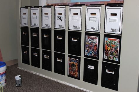 Comic Book Shelves, Comic Book Storage Ideas, Comic Book Cabinet Storage, Comic Book Cabinet, Comic Book Boards For Fabric Storage, Comic Book Organization, Comic Book Drawer, Comic Book Rooms, Comic Book Box Storage