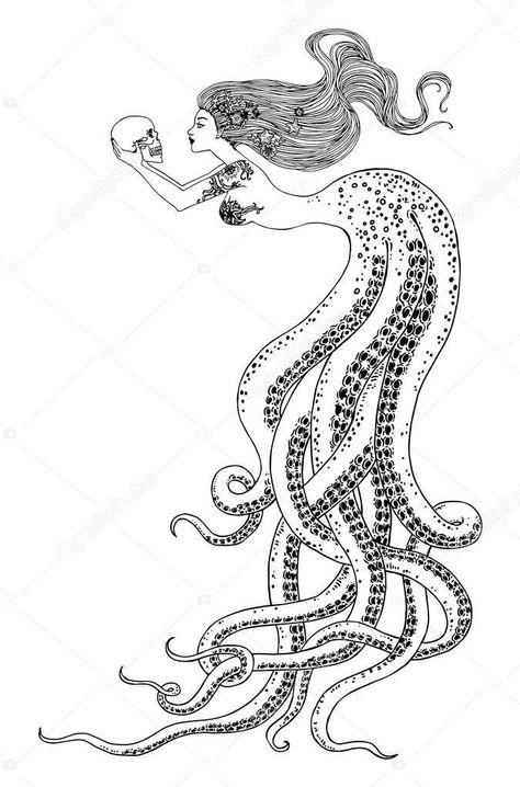 Octopus Mermaid Drawing, Mermaid Octopus Tattoo, Octopus Girl, Mermaid Octopus, Beautiful Octopus, Octopus Tattoo Sleeve, Octopus Mermaid, Mermaid Drawing, Emo Tattoos