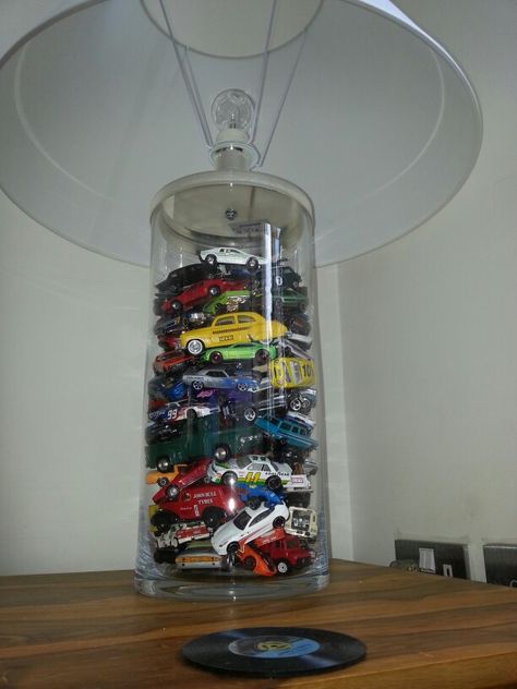 Love this car lamp idea.  Buy a vessel lamp and fill with any old toys for the kids. Race Car Bedroom, Hot Wheels Room, Car Lamp, Boy Rooms, Big Boy Bedrooms, Cars Room, Car Bedroom, Boy Bedroom, Big Boy Room