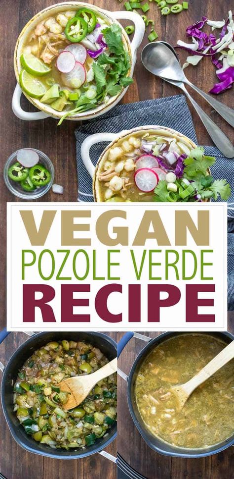 This vegan pozole verde recipe uses jackfruit instead of chicken to make a super flavorful and filling soup filled with healthy ingredients! #veganmexicanrecipes #plantbaseddinners Vegetarian Pozole Verde Recipe, Vegan Posole Verde, Vegetarian Pozole Verde, Vegan Posole Jackfruit, Pozole Recipe Vegetarian, Pasole Recipe Vegan, Jackfruit Soup Recipes, Vegan Pozole Verde, Jackfruit Pozole