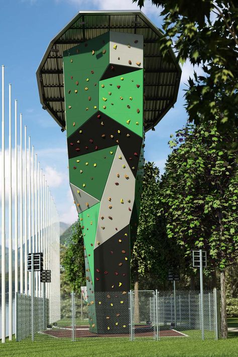 Outdoor climbing tower. Maximum height: 15.5m.  Maximum overhang: 4.3m. Parc Olimpic del Segre - Spain. #climbingwall #climbing #outdoorclimbing #artificialclimbingwall #sportclimbing Climbing Wall Design, Outdoor Climbing Wall, Home Climbing Wall, Playgrounds Architecture, Indoor Climbing Wall, Rock Climbing Gym, Bouldering Wall, Climbing Tower, Indoor Rock Climbing