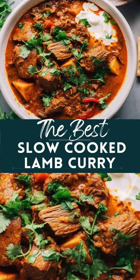 Slow cooker lamb made easy! This Indian lamb curry features tender lamb cooked with authentic Indian spices in a rich tomato broth. Perfect for easy dinner recipes! Italian Lamb Stew, Lamb Ragu Slow Cooker, Crockpot Indian Curry, Best Lamb Curry Recipe, Lamb Ragout Recipes, Slow Cooked Lamb Curry, Ground Lamb Dinner, Lamb Pressure Cooker Recipes, Crock Pot Lamb Stew