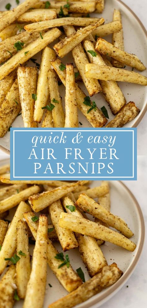 Discover the perfect balance of savoury and sweet with these delectable air fryer parsnips! Seasoned to perfection, these parsnips are delightfully tender and boast a subtle yet satisfying caramelised sweetness, making them a great side dish. Parsnips In Air Fryer, Recipe With Parsnips, Parsnip Recipes Air Fryer, Air Fryer Parsnips, Best Parsnip Recipe, Recipes Using Parsnips, Air Fryer Roast Parsnips, Parsnip Fries Air Fryer, Parsnip Fries