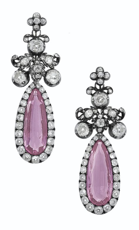 A PAIR OF ANTIQUE PINK TOPAZ AND DIAMOND EARRINGS, CIRCA 1840. Pear-shaped pink topazes, old-cut diamonds, silver-topped gold, pendants detachable. Pink Topaz Earrings, Plain Silver Rings, Antique Silver Earrings, Gold Pendants, Purple Sapphire, Pink Topaz, Antique Pink, Topaz Earrings, Royal Jewelry