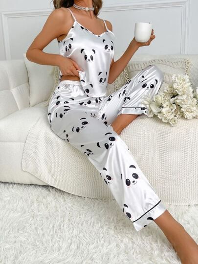 Women Nightwear Dresses, Night Wear Dress, Pijamas Women, Satin Pj Set, Pajama Fashion, Sleepwear Fashion, Cute Sleepwear, Cute Pajama Sets, Panda Print