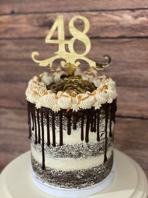 48th Birthday Cake, Happy 48th Birthday, Three Layer Chocolate Cake, Happy 48 Birthday, Chocolate Ganache Drip, 48th Anniversary, Layer Chocolate Cake, 48th Birthday, Ganache Drip