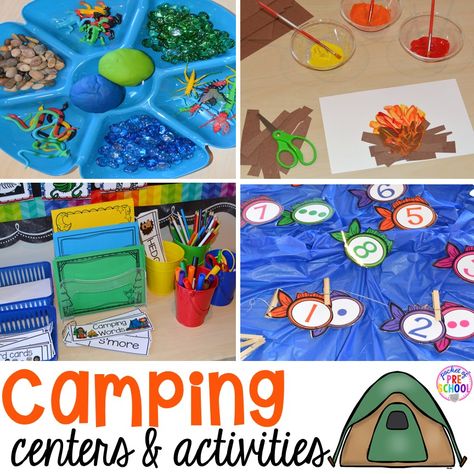 Camping themed centers and activities for preschool, pre-k, and kindergarten students. Fun to do in the fall or spring! Camping Kindergarten, Camping Dramatic Play, Camping Preschool, Camping Theme Preschool, Pocket Of Preschool, Camping Classroom, Camping Books, Camping Theme Classroom, Spring Camping