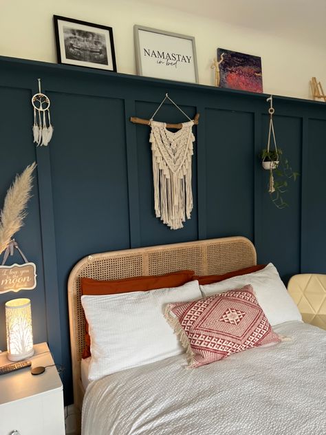 Blue And White Panelling Bedroom, Panelled Walls Bedroom Blue, Farrow And Ball Stiffkey Blue Bedroom, Panelled Wall Bedroom, Bedroom Farrow And Ball, Panelled Walls Bedroom, Wood Panel Bedroom, Bedroom Alcove, Panelling Ideas