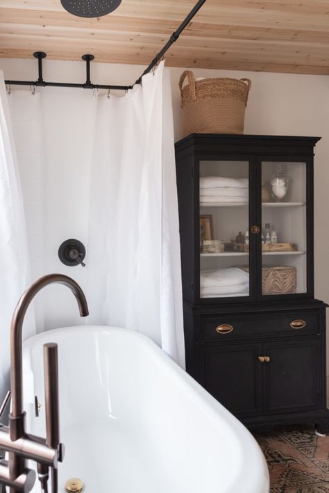 Installing Heated Floors, Black Clawfoot Tub, Ceiling Mounted Shower Head, Antique Medicine Cabinet, Gray Vanity, Vanity Faucet, Gray Interior, Clawfoot Tub, Bathroom Renos