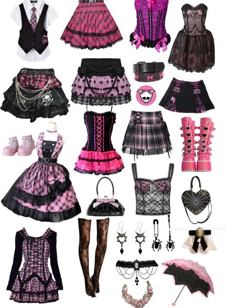 Draculara Outfits Monster High, Draculaura Outfit Ideas, Monster High Draculaura Outfits, Monster High Outfits Aesthetic, Pink Goth Fashion, Draculaura Closet, Draculaura Moodboard, Draculaura Outfit Inspiration, Draculaura Clothes