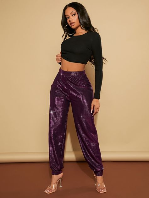 SHEIN SXY Elastic Waist Metallic Pants Purple And Silver Outfit, Glamorous Purple Bottoms For Night Out, Stretch Purple Pants For Festival, Stretch Purple Bottoms For Festival, Purple Metallic Pants, Purple Sequin Flare Pants, Metallic Trousers, Silver Outfits, Metallic Pants