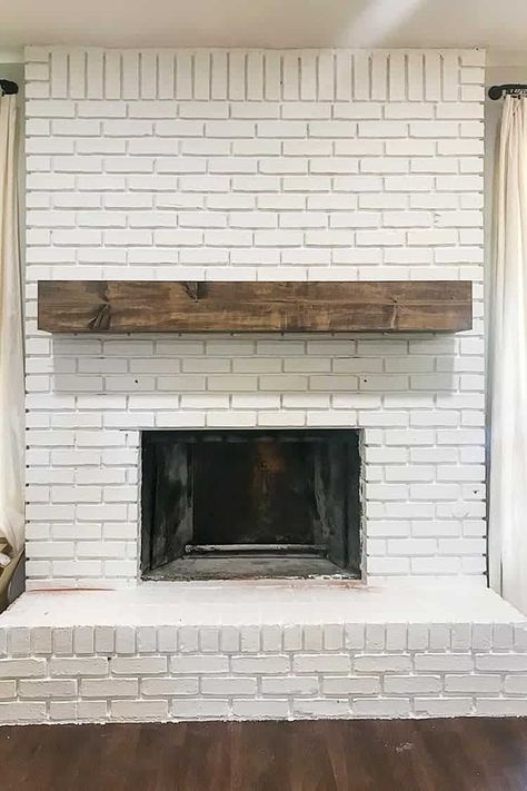 White Fireplace Beige Walls, Off White Fireplace Brick, Diy White Brick Fireplace, Mantle On White Brick Fireplace, Diy Paint Brick Fireplace, Living Room White Brick Fireplace, Diy Farmhouse Fireplace Mantle, Renovated Brick Fireplace, Painting A Brick Fireplace White