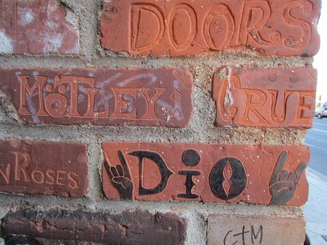 Motley Crue carved into the brick wall at the Rainbow Bar and Grill on Sunset Blvd in Los Angeles Hollywood, California by RYANISLAND, via Flickr Rainbow Bar And Grill, Twisted Transistor, Key Club, Whisky A Go Go, Rainbow Bar, Los Angeles Hollywood, Sunset Blvd, Bar And Grill, Vintage Los Angeles