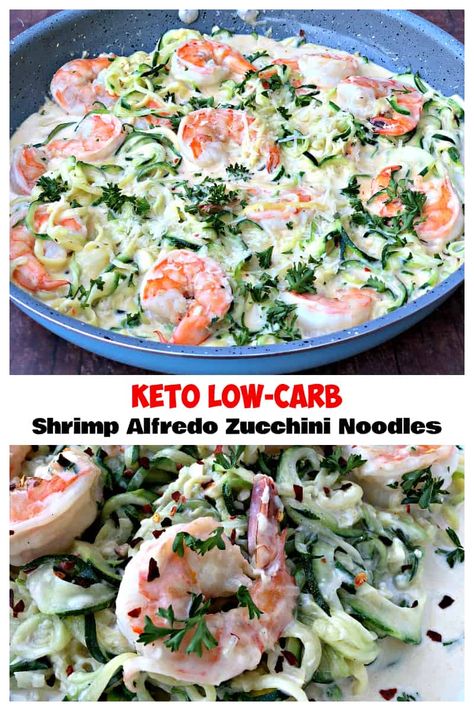 Keto Low-Carb Creamy Garlic Shrimp Alfredo Zucchini Noodles (Zoodles) is a quick and easy recipe that is perfect for the keto diet and ketosis lifestyles. The shrimp is served grilled or pan seared with parmesan cheese and rich alfredo cream sauce. #Keto #KetoRecipes #LowCarb #Shrimp #LowCarbRecipes Alfredo Zucchini Noodles, Alfredo Zoodles, Garlic Shrimp Alfredo, Creamy Garlic Shrimp, Keto Fish, Parmesan Reggiano, Recipes Zucchini, Keto Shrimp, Keto Seafood