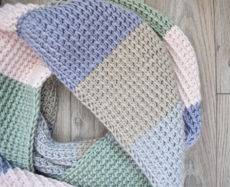 Caron Pantone Patterns Crochet, Tunisian Crochet Patterns, Tunisian Crochet Stitches, Half Double Crochet Stitch, Crochet Scarf Pattern Free, Crochet Cozy, Color Block Scarf, Boho Vest, Cocoon Cardigan