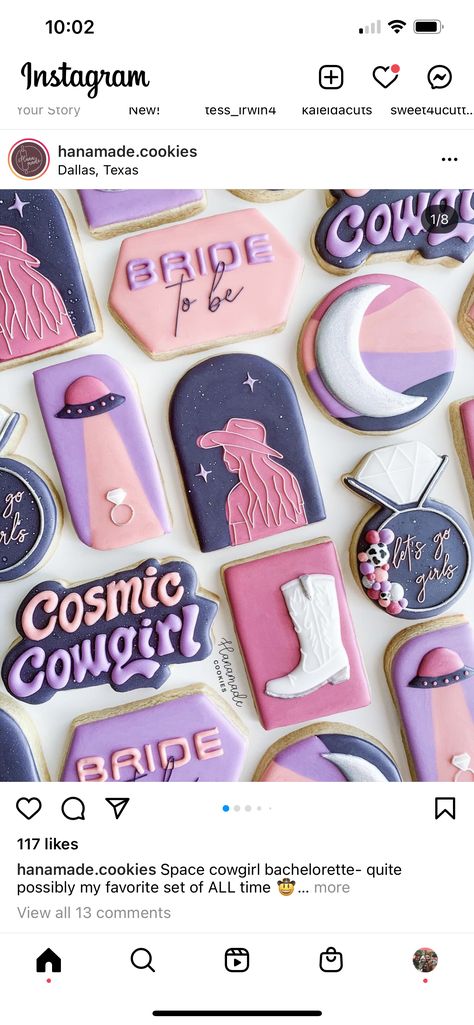 Space Cowgirl Cookies, Space Bachelorette Party, Space Cowgirl Bachelorette Party, Space Cowgirl Bachelorette, Cowgirl Cookies, Cowgirl Cakes, Bachelorette Cookies, Bach Weekend, Cowboy Theme Party