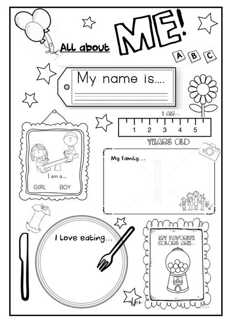 Back to school pack. Abc numbers 1-10 all about me English worksheets my name favorite Esl introduction sheet Self Introduction Worksheet For Kindergarten, All About Me Sheet Preschool, My Name Is Worksheet, My Name Worksheet, All About Me Kindergarten, About Me Worksheet, All About Me Preschool Theme, Ingles Kids, Me Preschool Theme