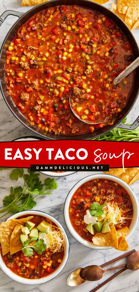 Want more warm dinners for cold nights? Whip up this super easy taco soup with ground beef! Not only is this simple soup recipe budget-friendly, but it also makes a big batch. Perfect for freezing! Best Taco Soup, Damn Delicious Recipes, Easy Taco Soup, Taco Soup Recipe, Best Soup Recipes, Easy Taco, Comfort Soup, Spiced Coffee, Taco Soup