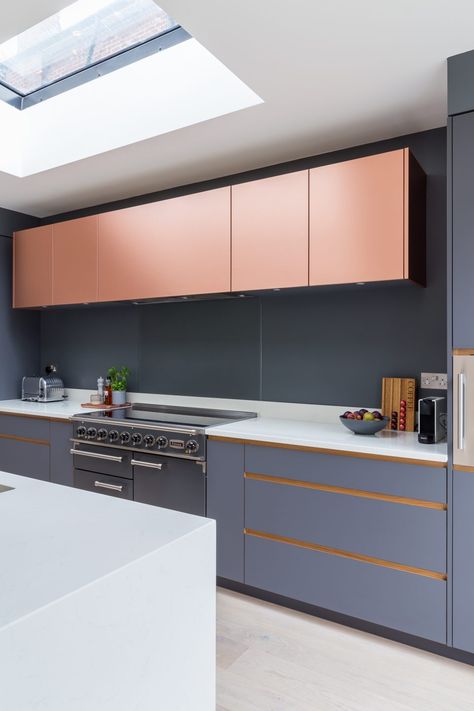 Modern Copper Kitchen, Laminated Cabinets, Modular Kitchen Colour Combination, Grey Kitchen Furniture, Metal Kitchen Cabinets, Laminate Kitchen Cabinets, Kitchen Colour Combination, Pink Cabinets, Scandinavian Kitchens