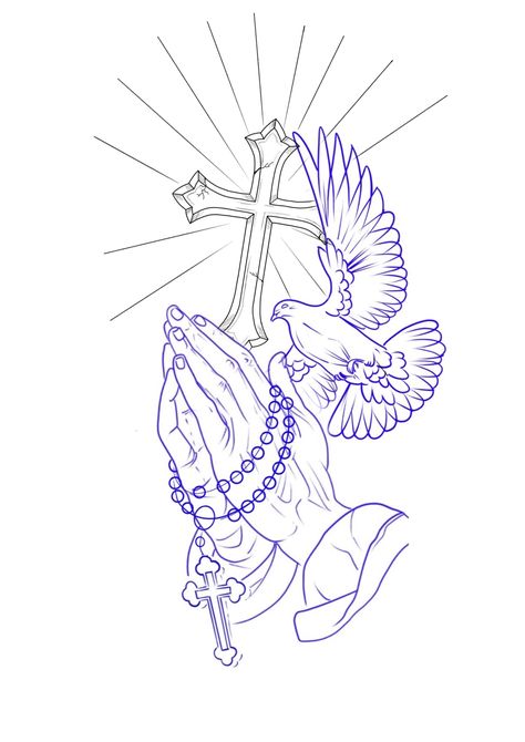 Cross Dove Tattoo, Praying Hands With Rosary Drawing, Dove Tattoo Men, Rest In Peace Tattoos, Praying Hands Tattoo Design, Chest Tattoo Stencils, Dove Drawing, Memorial Tattoo Ideas, Memorial Tattoo Quotes