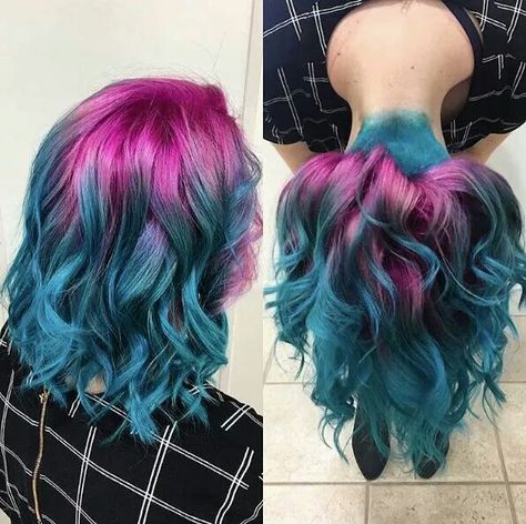 Blue and pink dyed hair. Pink And Teal Hair Color Combinations, Blue And Pink Hair Ombre, Pink And Aqua Hair, Blue And Burgundy Hair, Red And Teal Hair Color, Blue And Pink Hair Color, Pink Teal Hair, Rainbow Hair Color Ideas For Short Hair, Pink Multicolor Hair