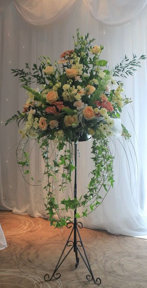 Pedestal Arrangement Metal Pedestal Flowers, Pedestal Arrangement Wedding, Altar Flowers Church, Pedestal Flower Arrangements, Pedestal Arrangements, Church Wedding Flowers, Altar Arrangement, Large Floral Arrangements, Altar Flowers