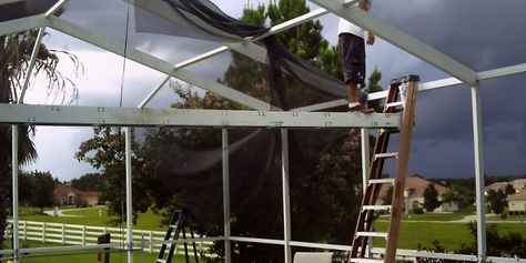 Fix your Pool Screen Roof Panels - DIY for Daredevils - Home Fixated Diy Reflecting Pool, How To Fix Screen Porch, Diy Above Ground Pool Cover Reel, Above Ground Pool Solar Cover Reel Diy, Pool Retractable Cover, Pool Screen, Pool Screen Enclosure, Roofing Design, Screened Pool