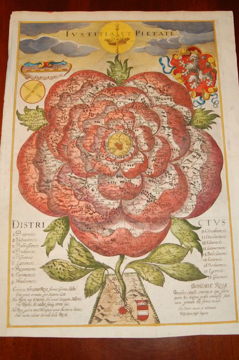 Engraved map of Bohemia depicted as a flowering rose.  The copperplate engraving on laid paper portrays the stem of the rose that begins at Vienna and blossoms into a flower with Prague as its center and with Austria, Moravia, Bavaria, Silesia, and Messina on its leaves.  ...  The text at the bottom of the map reads 'The Rose of Bohemia, bloody for all centuries, where more than 80 great battles have been fought'.  The cartographer, Balbinus was a Jesuit scientist devoted to Bohemia. Latin Text, Map Maker, Holy Roman Empire, Bohemia Style, Map Globe, Paper Flower Tutorial, Old Maps, Map Design, Antique Map