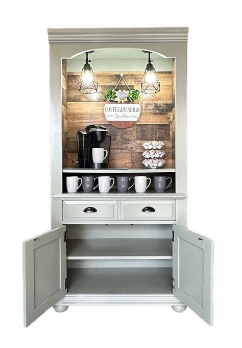 Coffee Bar From Hutch, Coffee Armoire, Armoire Coffee Bar, Coffee Bar Ideas Kitchen, Coffee Hutch, Coffee And Wine Bar, Coffee Bar Hutch, Sage Paint, Farmhouse Lights