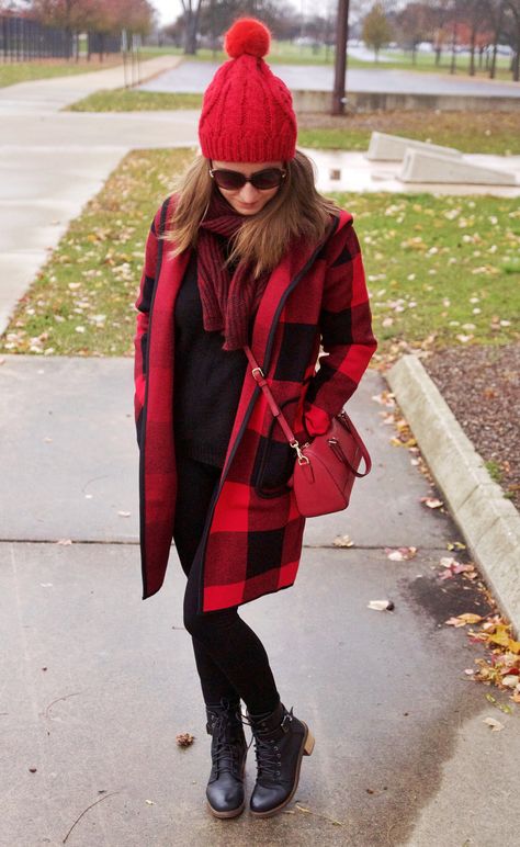 Red And Black Plaid Fall/Winter Coat Red Plaid Jacket Outfit, Plaid Jacket Outfit, Plaid Sweater Coat, Red Plaid Coat, Red Plaid Jacket, Long Grey Coat, Checkered Coat, Boyish Style, Fall Winter Coat