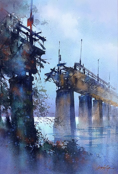 Schaller Watercolor, Thomas W Schaller, Broken Bridge, Bridge Drawing, Thomas Schaller, Bridge Artwork, Collage Project, Modern Watercolor Art, Paintings Tutorials