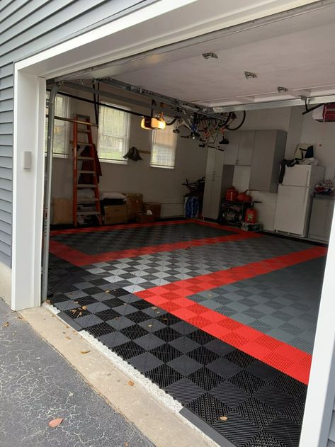 Beautiful SwissTrax floor done by Closet POSSIBLE #Garage #GarageOrganization Swiss Trax Garage Flooring, Garage Tiles, Gallery Closet, Garage Inspiration, Basement Designs, Garage Tile, Gym Room At Home, Small Garage, Custom Garages